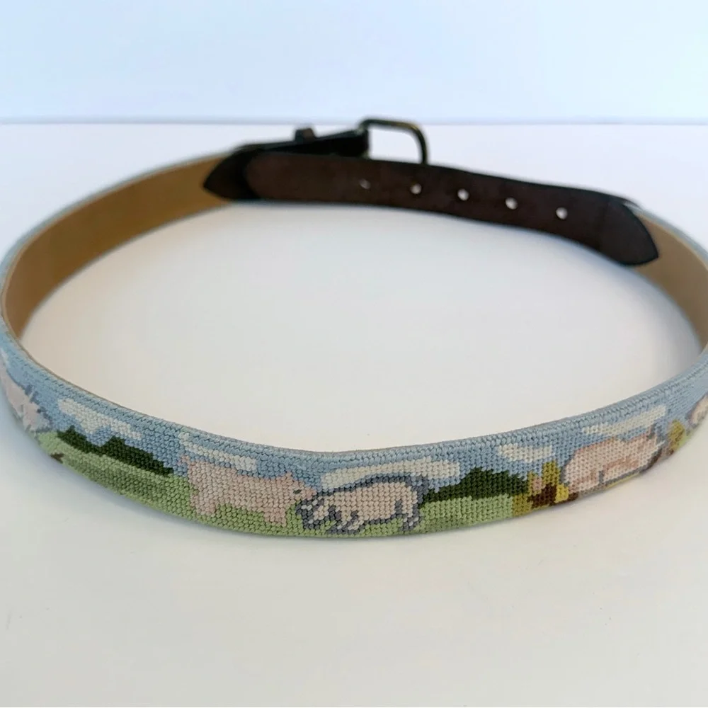 Needlepoint hand stitched vintage belts with solid brass buckles
